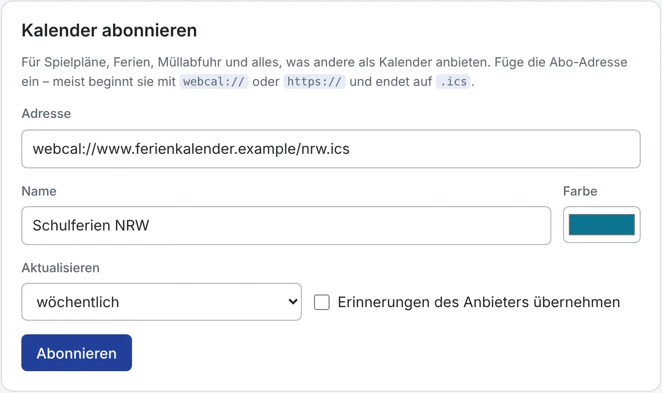 Formular „Kalender abonnieren“ mit Adresse, Name, Farbe und Aktualisierungsintervall