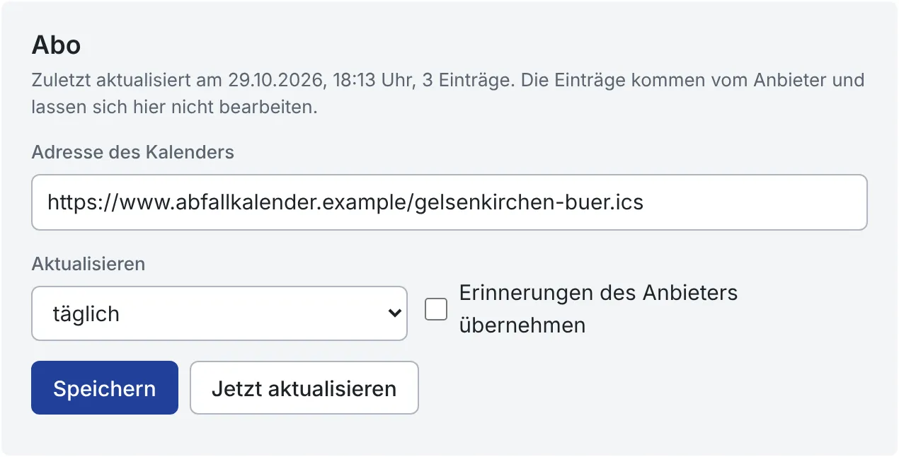 Einstellungen eines Abos mit Adresse, letzter Aktualisierung und dem Knopf „Jetzt aktualisieren“
