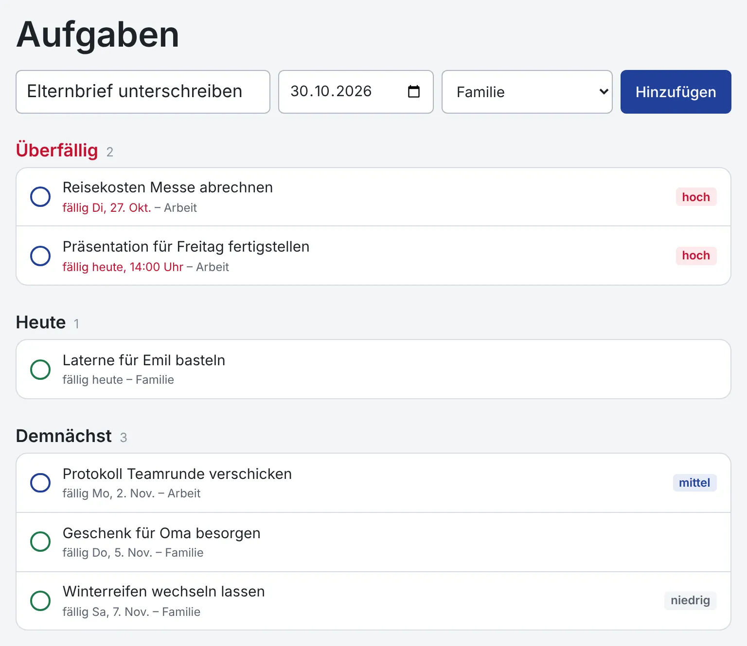 Aufgabenliste mit den Gruppen Überfällig, Heute und Demnächst