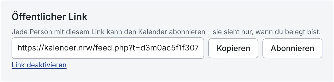 Bereich „Öffentlicher Link“ mit Adresse und den Knöpfen Kopieren und Abonnieren